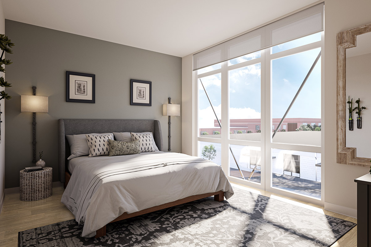 Rendering of bedroom with large rug, platform bed, artwork, and large window.